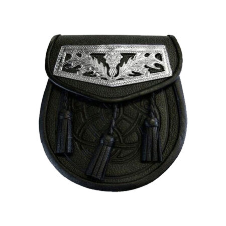 Black Celtic Embossed Thistle Plate Leather Sporran