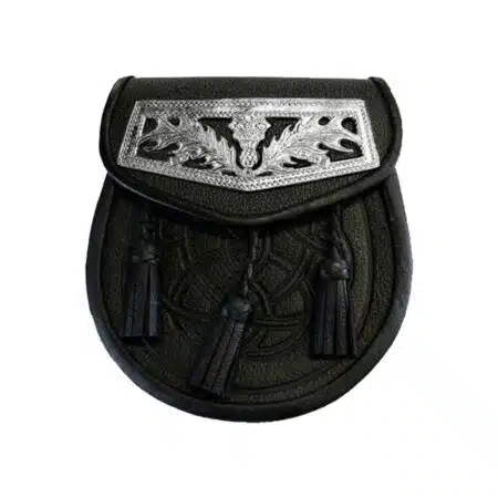 Black Celtic Embossed Thistle Plate Leather Sporran