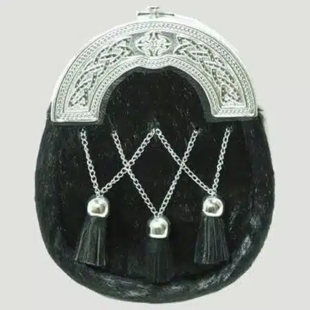Chrome Plain Celtic Black Calfskin Sporran With Crossed Tassels