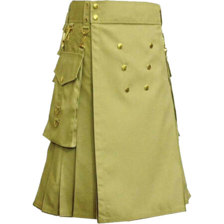 Khaki Utility Kilt With Gold Button