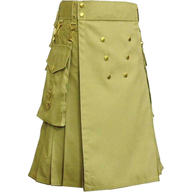 Khaki Utility Kilt With Gold Button