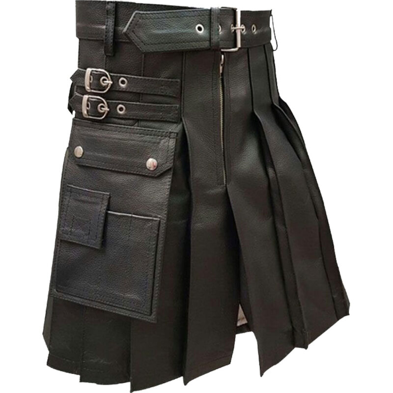 Men Genuine Black Leather Gladiator Pleated Utility LARP Kilt