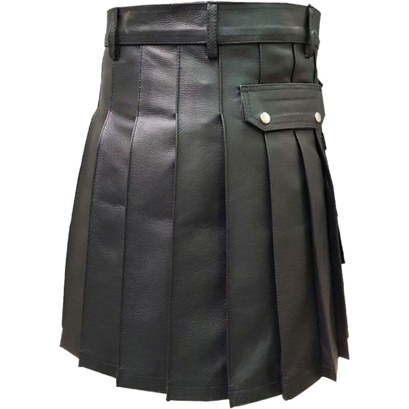 Men Genuine Black Leather Gladiator Pleated Utility LARP Kilt