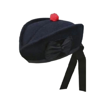 Plain Black Highland Glengarry Cap With Red Pom