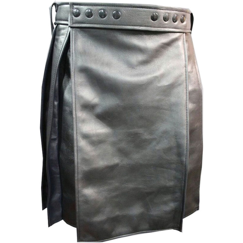 Pleated Black Leather Kilt with Navy Highlights