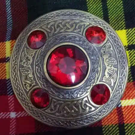 Scottish Kilt Fly Plaid Brooch Red Stone Antique Finish 4" Celtic Pin Brooch