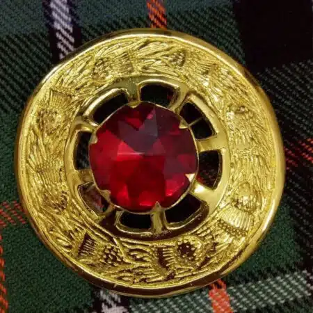 Scottish Kilt Fly Plaid Brooch Red Stone Gold Finish