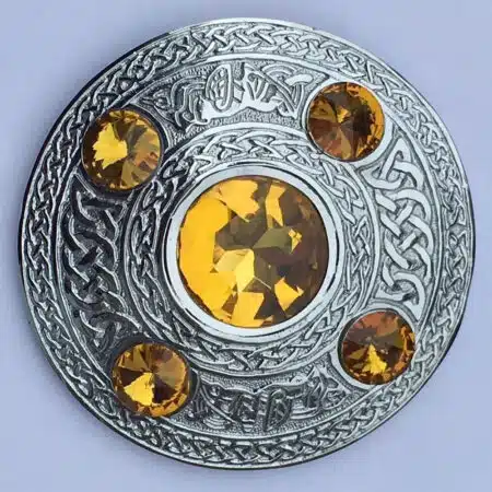 Scottish Kilt Fly Plaid Celtic Brooch Yellow 5 Stone