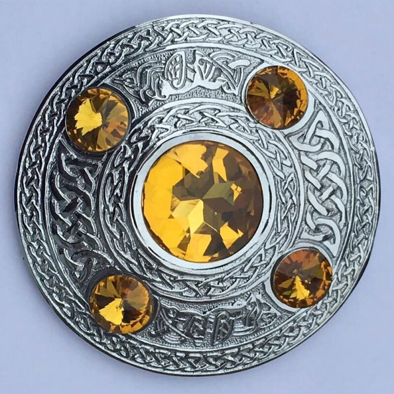 Scottish Kilt Fly Plaid Celtic Brooch Yellow 5 Stone
