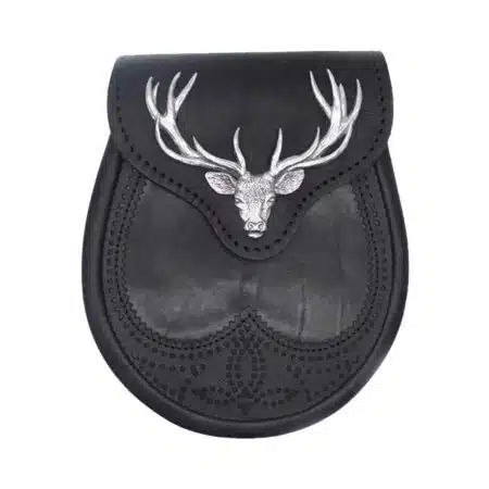 Black Stag Head Leather Sporran