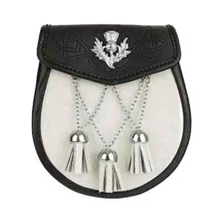 Semi Dress Sporran Black Embossed Leather & White Cowhide Thistle Emblem