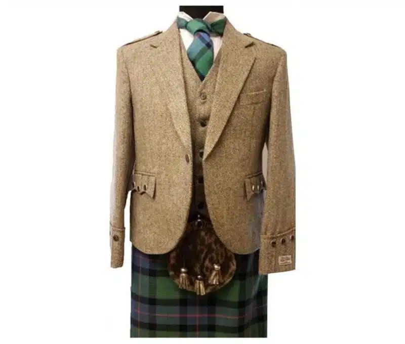 Khaki Tweed men's Argyle Wedding Kilt Jacket with vest